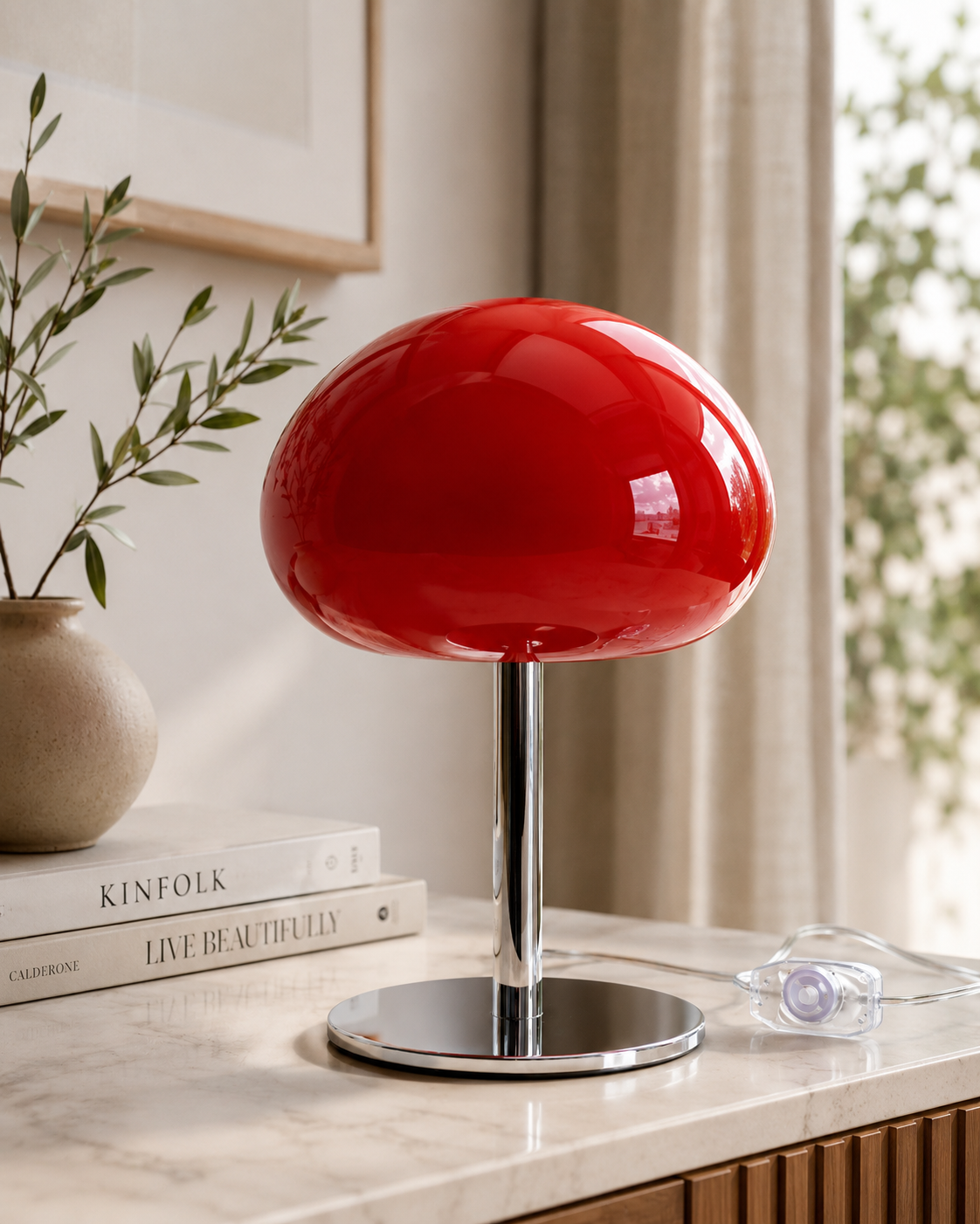 Small red glass table lamp styled beside a window in a bright interior.